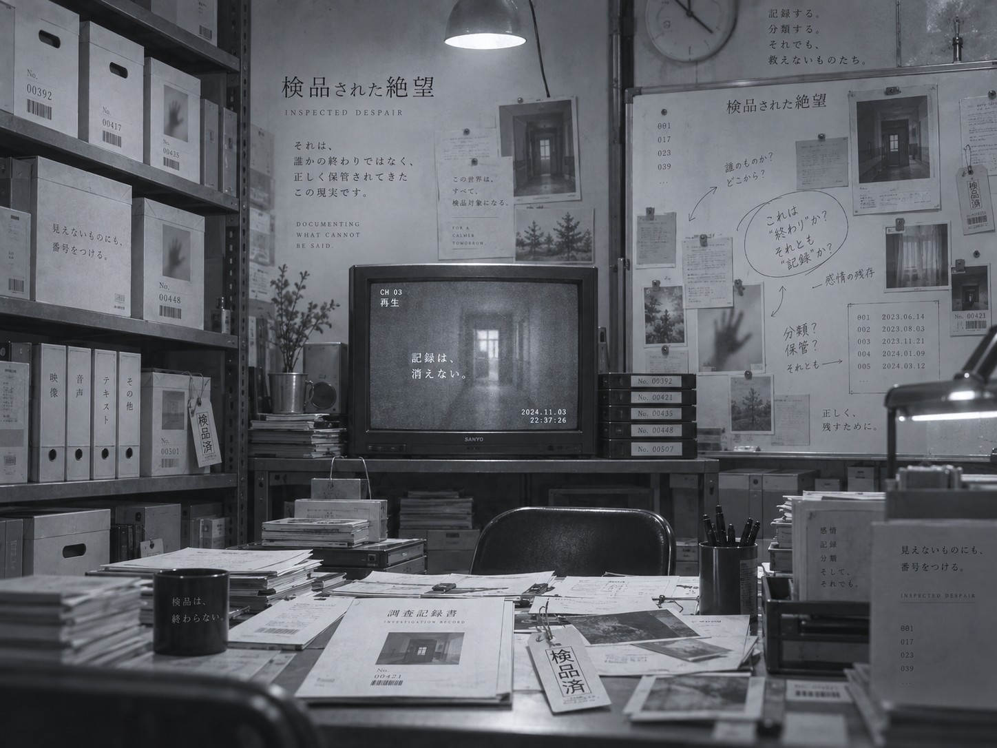 収蔵庫の棚と作業机。検体が番号順に保管されている。